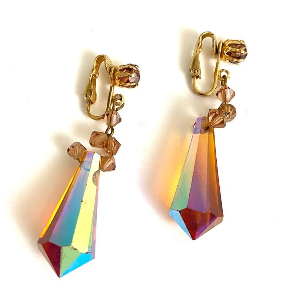 Vintage Topaz Crystal Art Deco Dangle Clip on Earrings